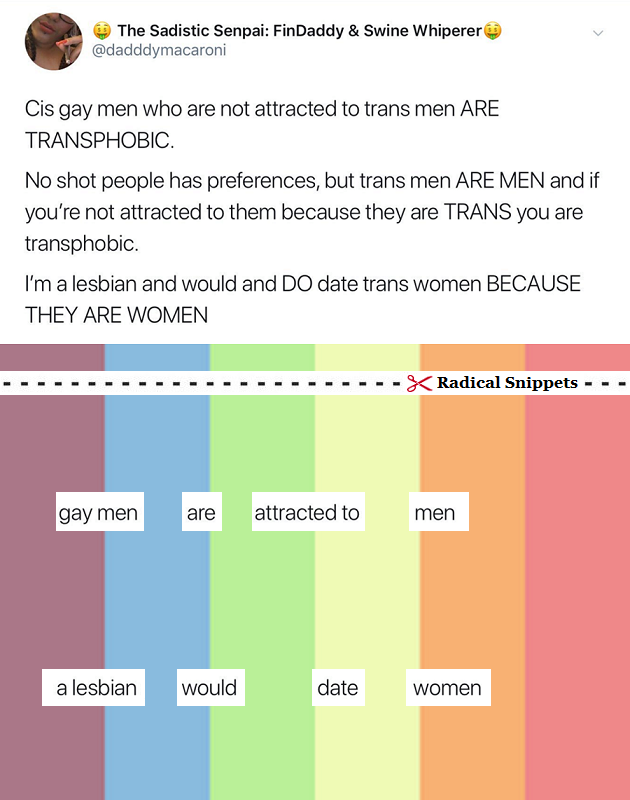 RadSnips's tweet photo. Shouting doesn't make something true.
This is just insanity and homophobia.

#CottonCeiling #UpsideDownWorld #PeakTrans https://t.co/FRztPYlnVQ