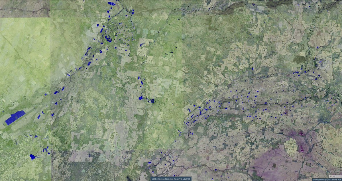 ...To fill private off-stream water storages like these (dark blue, cotton-central of the 'Northern Basin', March last year). But many of those are already part-full; how much more water can they take? We simply do not know.