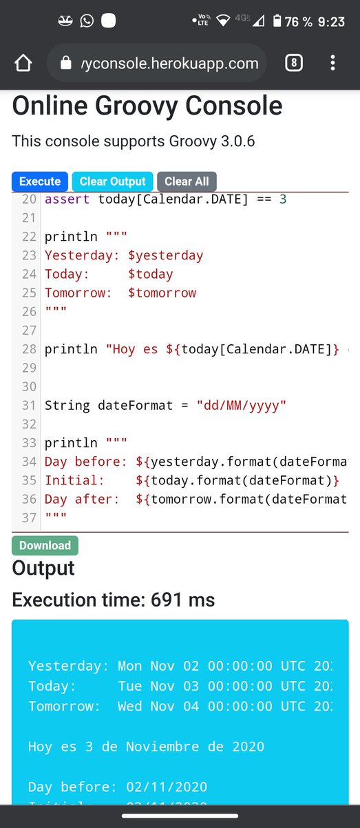 Desveloper's tweet image. Ya se puede ejecutar y descargar código desde la consola.

onlinegroovyconsole.herokuapp.com

#desveloper #GroovyLang #groovyonlineconsole