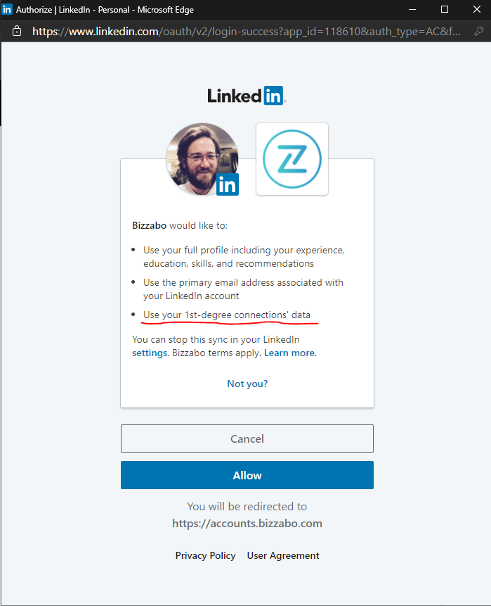 thezedwards's tweet photo. Microsoft's Linkedin 3rd Party Apps can request access to your 1st degree connections data -- here's one from bizzabo(.)com

This will be *more data than you share publicly* if you haven't checked an obscure setting for "Profile visibility off LinkedIn" @ https://t.co/2Yx01GoVnu https://t.co/vmvywxHM8o