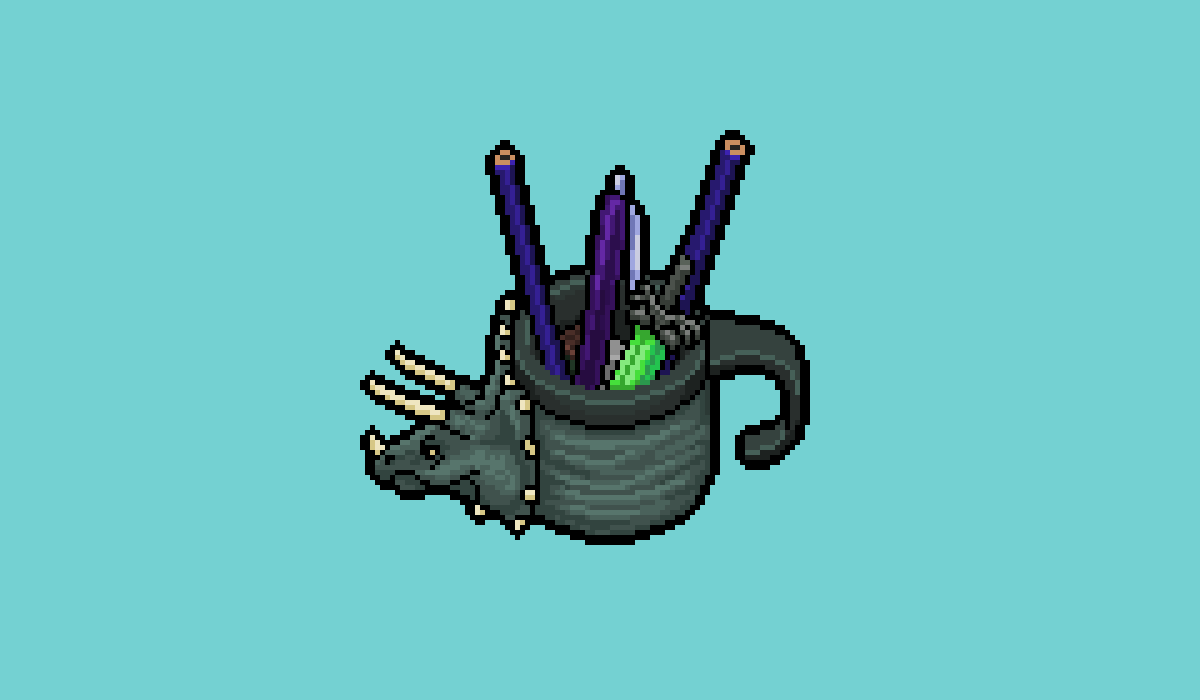 SazdxHikari's tweet photo. For today, I drew my Triceramug #DeskCaddy with some of the things I keep there... yes, even the sword. #PixelArt #Art #ドット絵 #pyxelEdit @PyxelEdit #pixel_dailies @Pixel_Dailies https://t.co/Z7Qa6dY5kh