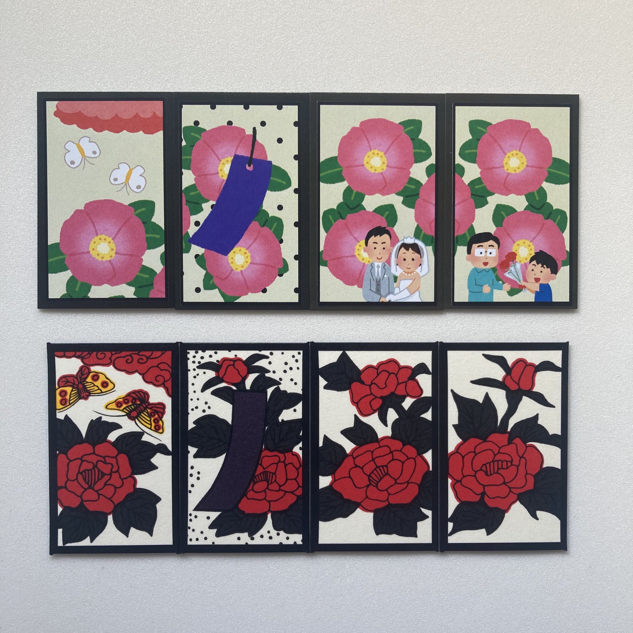 Twitter 上的 縫山ナントカ堂 花札マニア いらすとやさんのイラストだけで作った花札 実はパッケージが5種類あって これらもすべていらすとや さんのイラストを組み合わせて作ってます それぞれいろんなメーカーの花札のオマージュなのですが 分かる方はなかなかの
