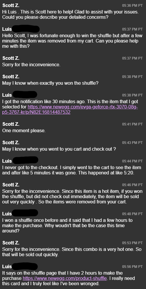 playghast's tweet photo. Can't believe this happened to me. I "won" the #NeweggShuffle and had my item stripped from me. Tried getting some help from support and this was their response. May I get some assistance please? 
@Newegg #Newegg #RTX3070 #GPU #GraphicsCard #PC #Robbed https://t.co/BMEEpvtTIL