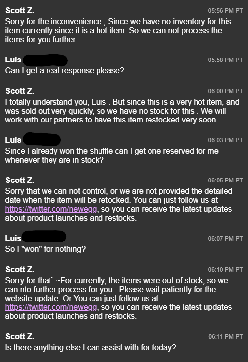 playghast's tweet photo. Can't believe this happened to me. I "won" the #NeweggShuffle and had my item stripped from me. Tried getting some help from support and this was their response. May I get some assistance please? 
@Newegg #Newegg #RTX3070 #GPU #GraphicsCard #PC #Robbed https://t.co/BMEEpvtTIL
