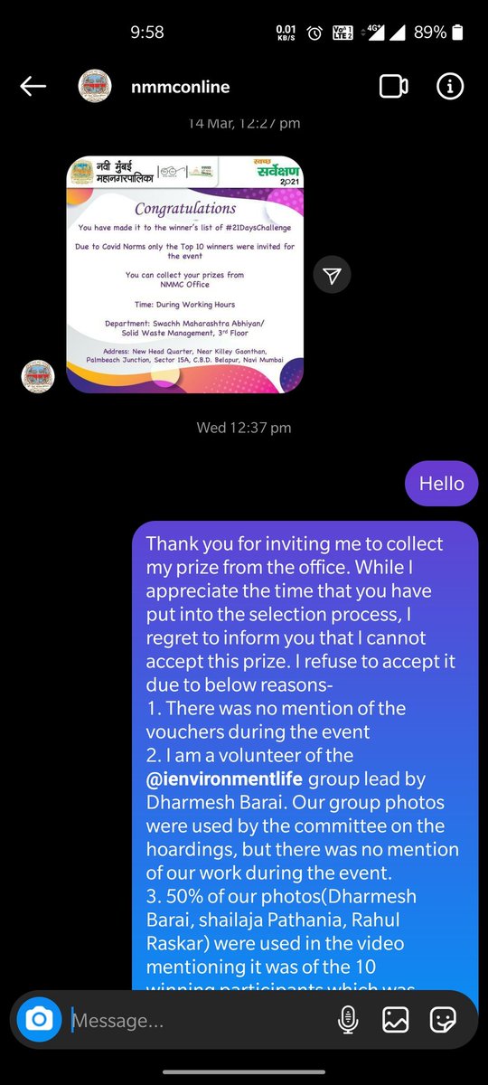 ShailajaPathan1's tweet photo. Few days back I received a message from @NMMConline to collect my prize from the office. Below is the screenshot of my Instagram handle. 
To my surprise, I never posted anything from my Instagram handle. I had participated from my twitter account. 
@NMMCCommr
 #SwachhNaviMumbai https://t.co/RYCYnK2xEu