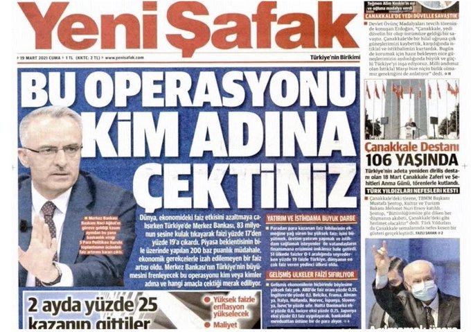 Gece yarısı operasyonları👇 📍Dün atılan bu manşet gece yarısı etkisini gösterdi. Naci Ağbal görevden alındı.
Yeni Şafak yazarı Şahap Kavcıoğlu Merkez Bankası Başkanı oldu.