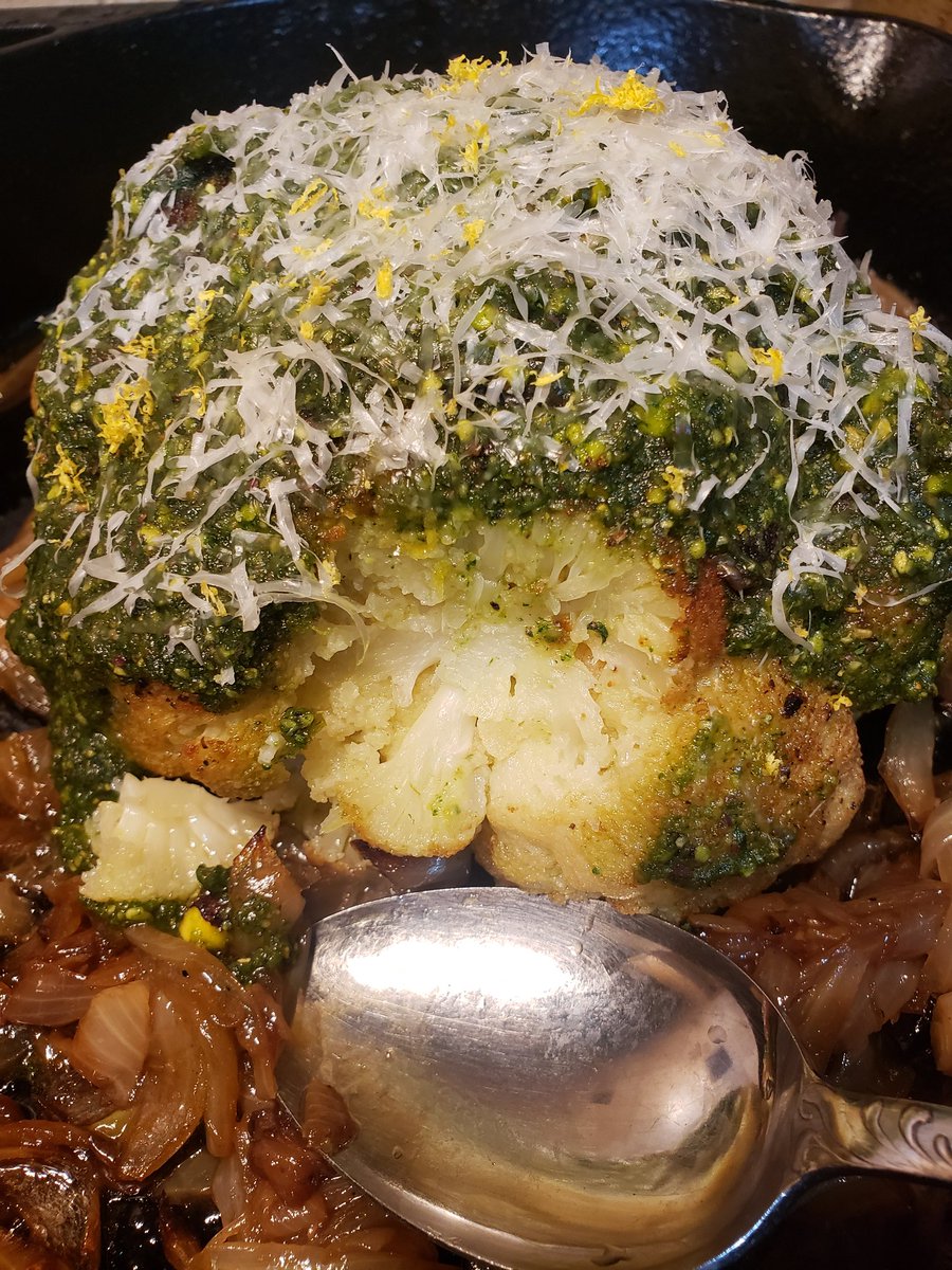 Wow! Roasted Cauli Head with Pistachio Cilantro Pesto. Delicious. #latenightcooking #cooking #likevelvet #experiment #mealprep #cauliflower #onepot #castironcooking