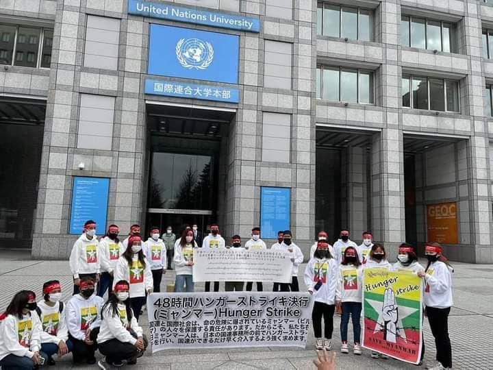 Overseas Myanmar in #Japan staged a 48-hour hunger strike in front of a UN institution in Tokyo on Mar.20, calling for the UN Security Council’s intervention to protect civilians in #Myanmar from the military and take action against the country’s regime. (Photo: Myat Kyaw Kyaw)