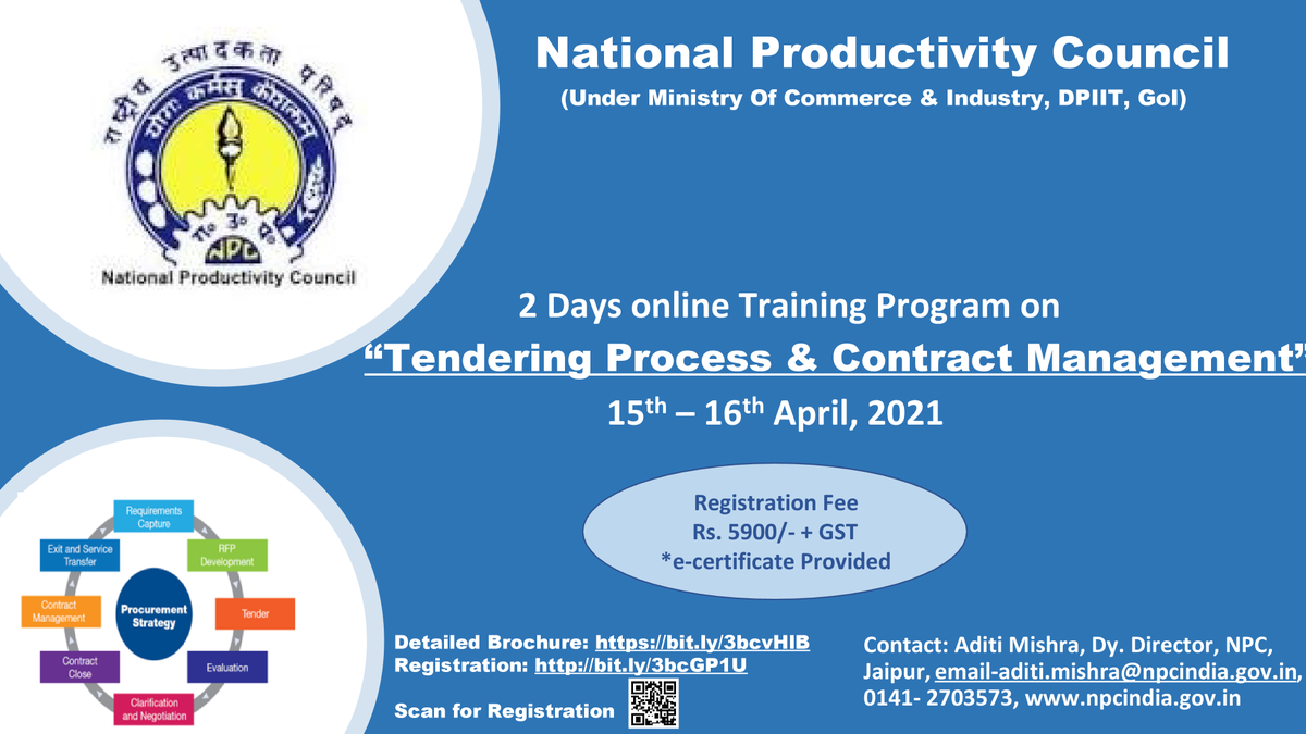 NPC_INDIA_GOV's tweet photo. Webinar on"Tendering Process & Contract Management"
Register Now:-https://t.co/uD5S6W0asB
Contact:- 9928226777 aditi.mishra@npcindia.gov.in
Date:-15.04.2021 and 16.04.2021.
Fee:-Rs 3900/- + GST
#npcindia #npc #webinar #Tendering #Process # Contract #Management https://t.co/kFnS0KXDxN