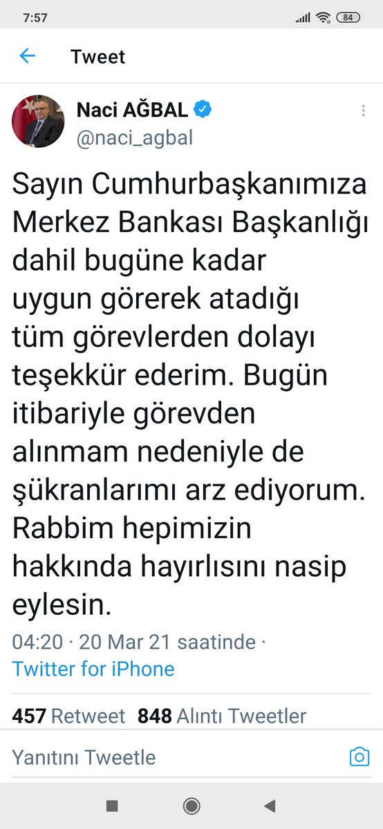 Alacakaranlıkta Demokrasi  📍Merkez Bankası Başkanlığı görevinden alındığı için şükranlarını sunduğu saat 04.20.
#naciagbal