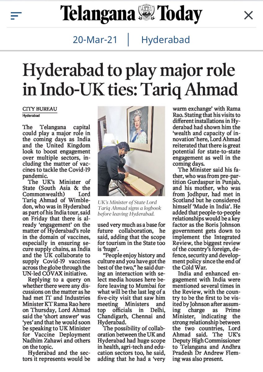 It is nice for the @UKinHyderabad team and I to read the news today after a packed week. 

Look forward to working on the follow up of @tariqahmadbt's visit with partners like @MinisterKTR, @ICRISAT, @WEHubHyderabad, @Sapienbio2012 & @tmreisociety.

cc. @jayesh_ranjan