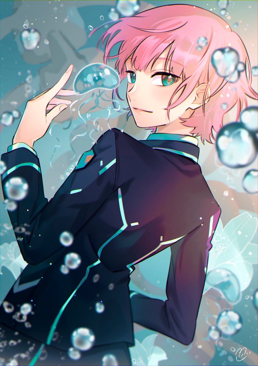 pink hair jacket 1boy solo looking at viewer male focus school uniform  illustration images