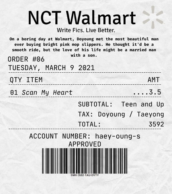 scan my heart by haeyoungs

♡ dotae (taeyong/doyoung)
♡ fluff, strangers to lovers, walmart!au
♡ 3.5k
♡ written for <a href="/nctwalmart/">NWFF 🏬 REST</a> 
♡ eng

ao3: archiveofourown.org/works/29878131