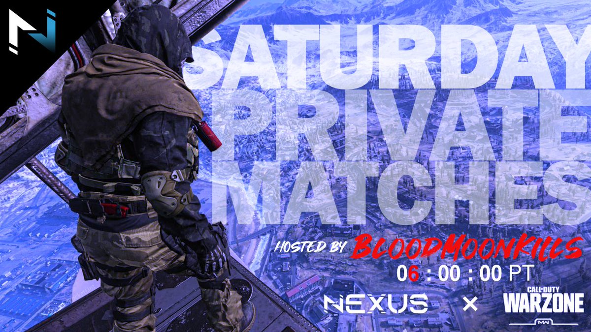 NexusTeamHQ's tweet photo. Attention, Everyone! Starting today, you are all invited to join our Private Warzone Matches. They will take place every Saturday at 6:00 PM PT (9:00 PM ET) and are hosted by @Bloodmoonkills. The link to his @discord server is here ➡ https://t.co/e1nvYPz27I 

@CallofDuty #Nexus https://t.co/p84Oj0WbAg
