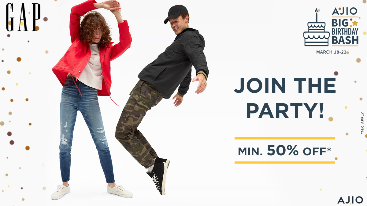 AJIO on X: Fun, fresh styles from GAP to get your jam on – at min. 50% off  at the AJIO Big Birthday Bash! Top 5 shoppers get AJIO points worth 10,0000.