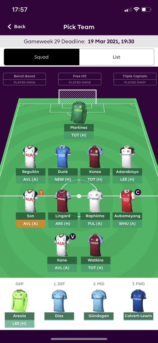 🌍 Røde piler fra 1436 til 2080 i OR,  41 pts i gw 28 🤔
                                                                Barnes ➡️ Lingard
Kdb ➡️ Auba

Har trua på at villa klarer minimum U mot et Spurs med 120 min i bena og dårlig stemning innad. Differ med Auba som cap!