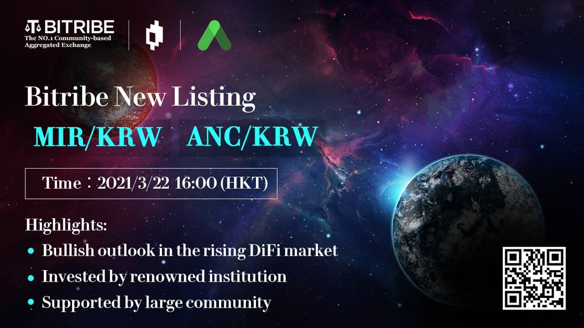 New Trading Pair Listing: 

🔹$MIR /KRW  
🔹$ANC /KRW 

#Bitribe will open <a href="/mirror_protocol/">Mirror Protocol</a> and <a href="/anchor_protocol/">Anchor Protocol</a> KRW Trading pairs.

Trade - 2021.03.22 16:00 (HKT)

Both assets have a bullish outlook in the DeFi market, with a large community support

Happy trading ~ 

<a href="/Sky201805/">Akasha(Inter/acc)</a>
