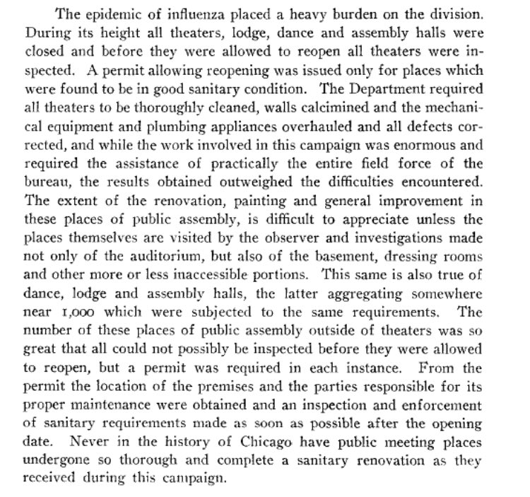 so the Spanish Flu epidemic in Chicago pandemic was fought on the ground with building inspectors.. who measured, targeted & eliminated actual public health risks in actual buildings‘while the work involved was enormous, the results obtained outweighed the difficulties’ /13