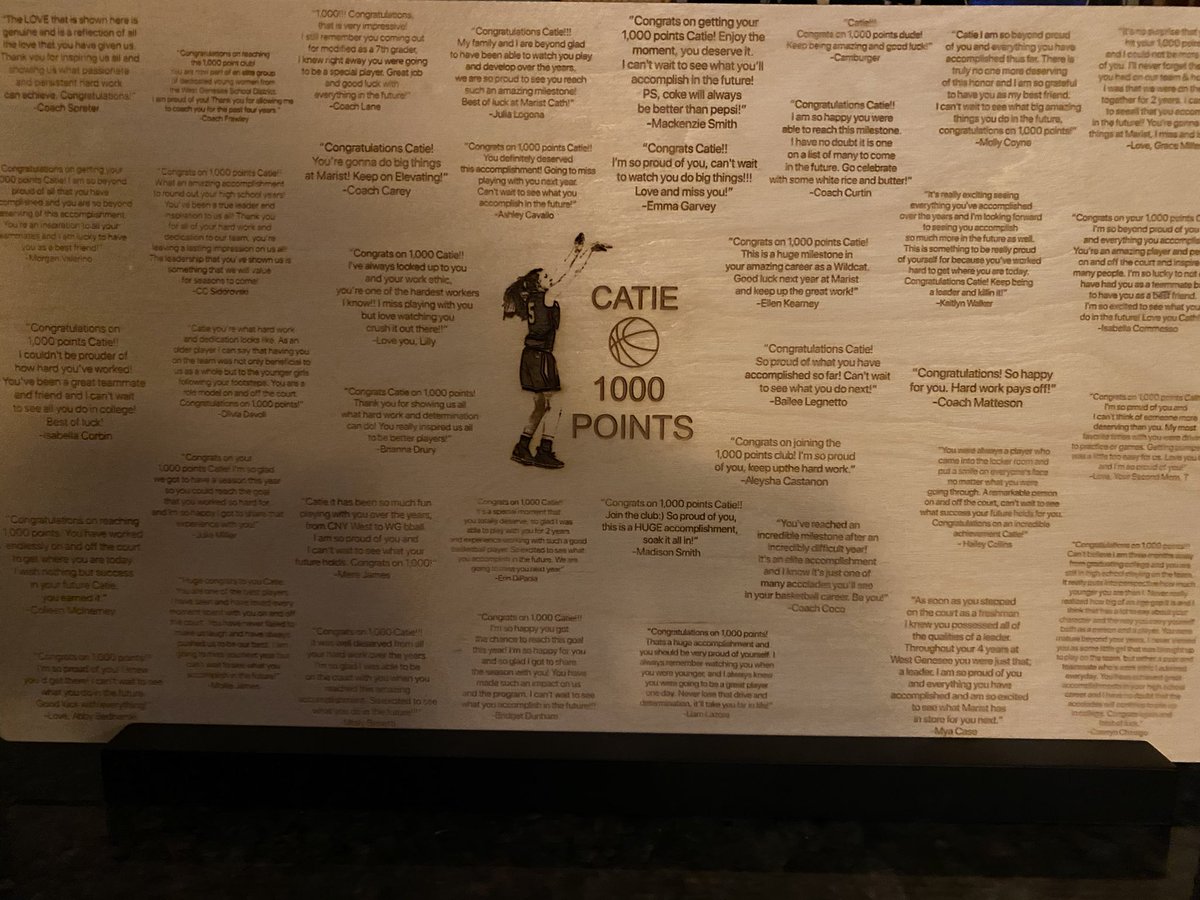 mcunning16's tweet photo. Every HS coach and player Catie was lucky enough to share the court with sent her a message of congrats and encouragement.  Coach Spreter had it etched on this wooden display.  The thoughtfulness &amp; time he put into this is priceless.  We can’t thank him enough. 💙 https://t.co/gbD6m1Z7KG