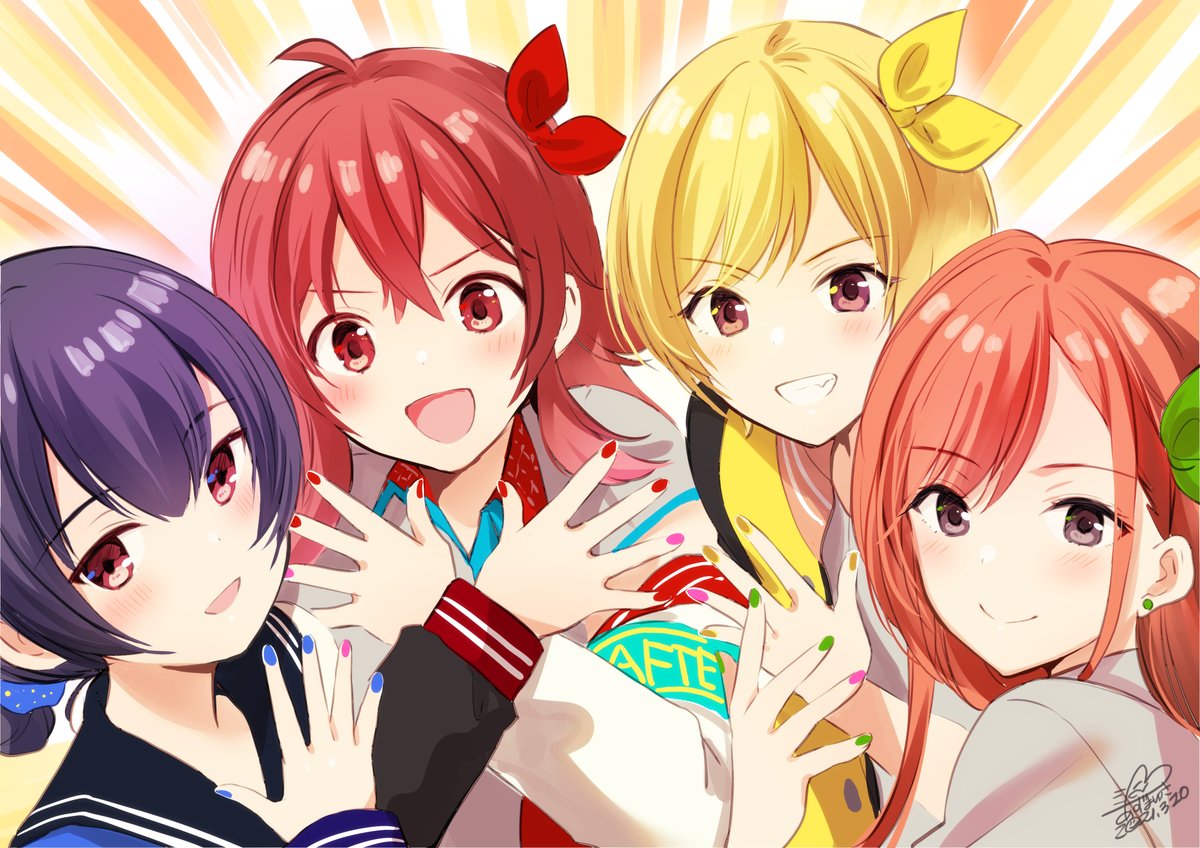 arisugawa natsuha ,komiya kaho ,morino rinze ,saijo juri multiple girls 4girls smile red hair blonde hair red eyes nail polish  illustration images