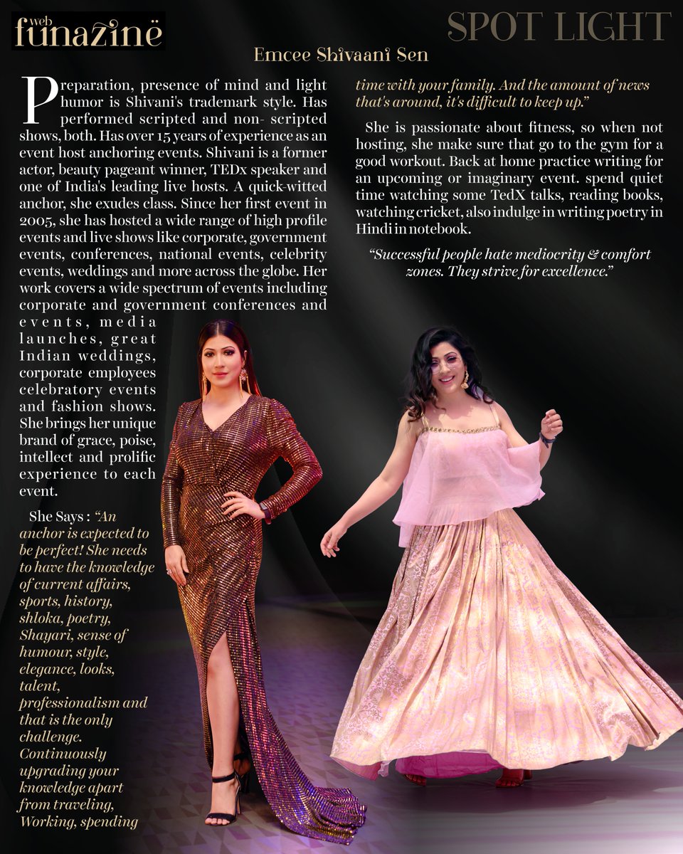webfunazine's tweet photo. SPOTLIGHT : Among the most integral roles at any event is undeniably that of its Emcee. Presenting India's most respected &amp; versatile Master Blasters of Ceremonies
@mcshivanisen
#webfunazine #McShivaaniSen #Shivaani https://t.co/OboHvkV2aa
