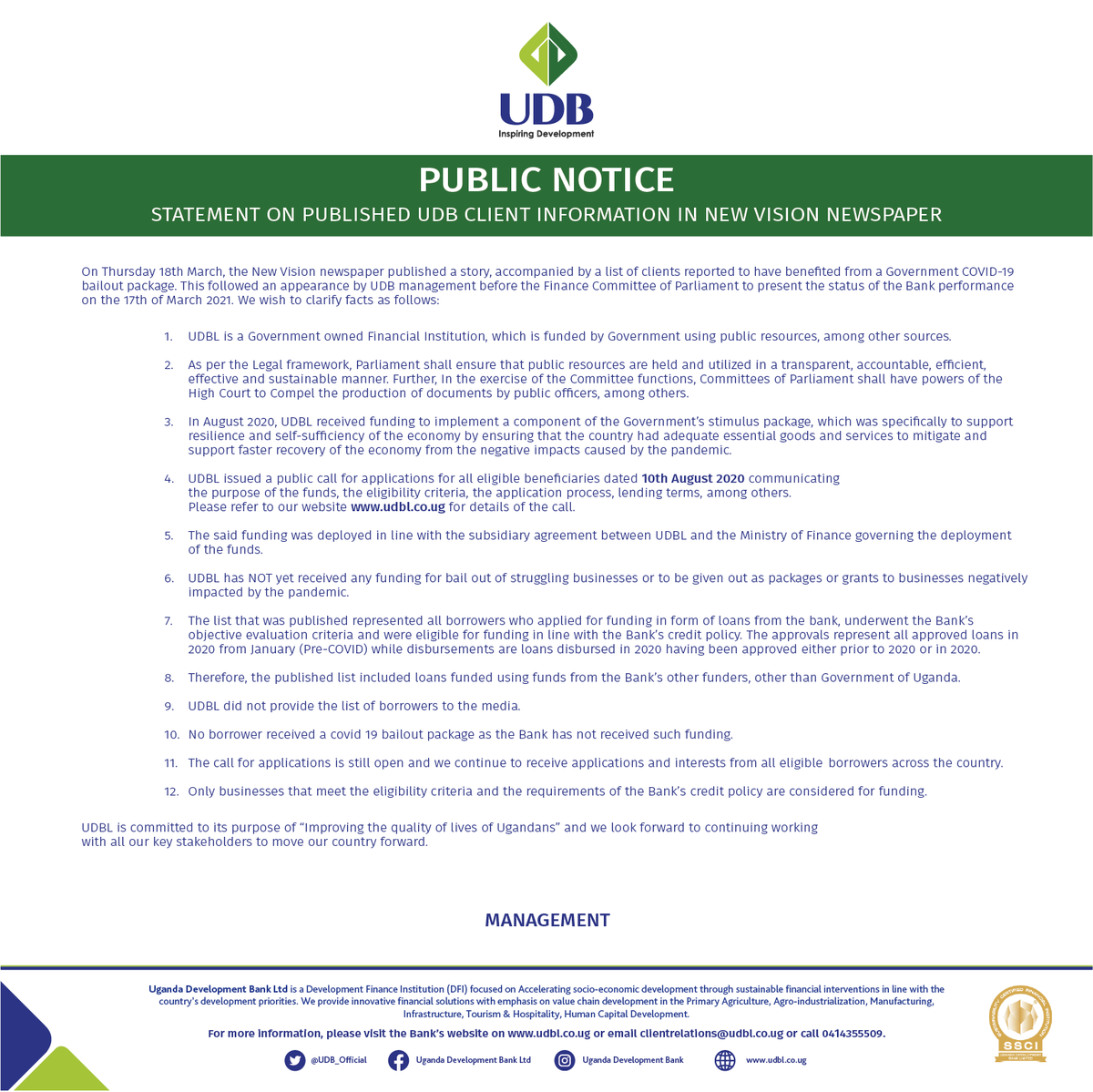 UDB_Official's tweet photo. UDB official statement on published client information in New Vision Newspaper. https://t.co/Hjf4LNjpp3