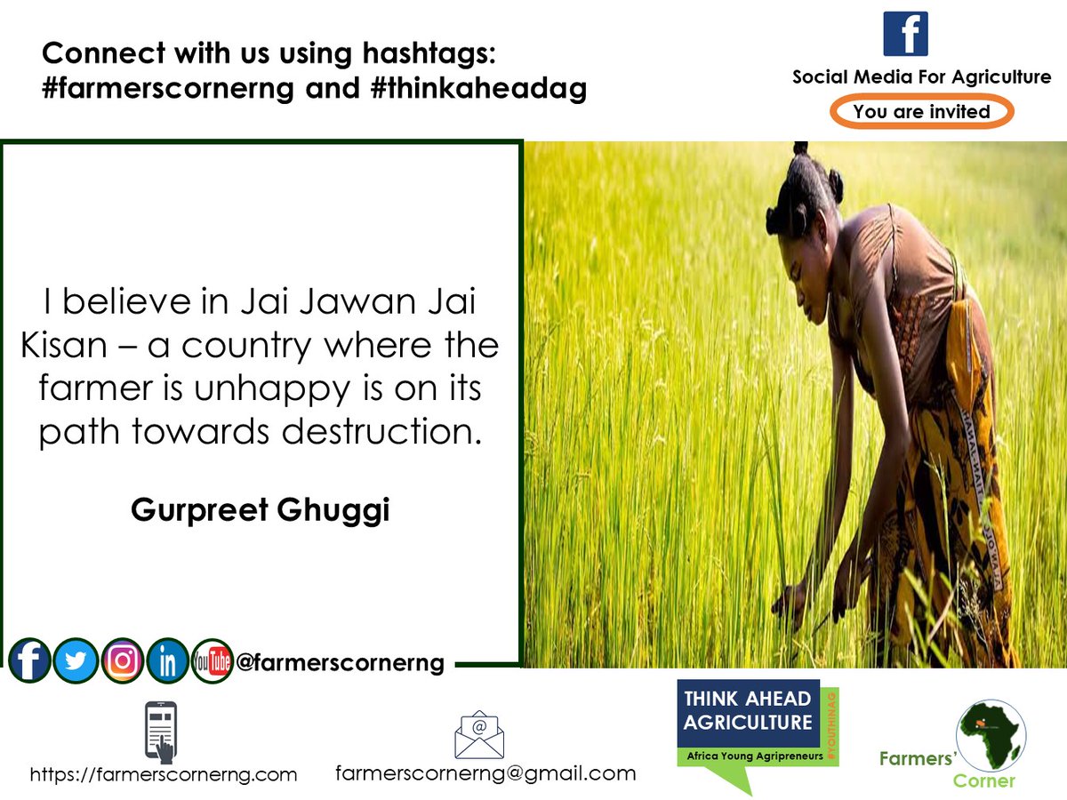 farmerscornerng's tweet photo. #Quoteoftheday
A country where the farmer is unhappy is on its path towards destruction. - Gurpreet Ghuggi
#quote #farmers #agripreneurs #farmersforthefuture #foodies #agribusiness #agchatnow #food #foodtech #farm2table #rethinkagric #thinkaheadag #womeninag #farmerscornerng https://t.co/ERme2X68a2