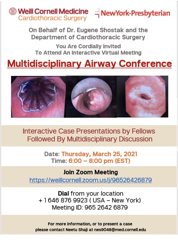 All are invited to attend . One of a kind and truly multidisciplinary. ⁦@accpchest⁩ ⁦@AAB_IP⁩ ⁦@WCM_CTSurgery⁩ ⁦@nyphospital⁩