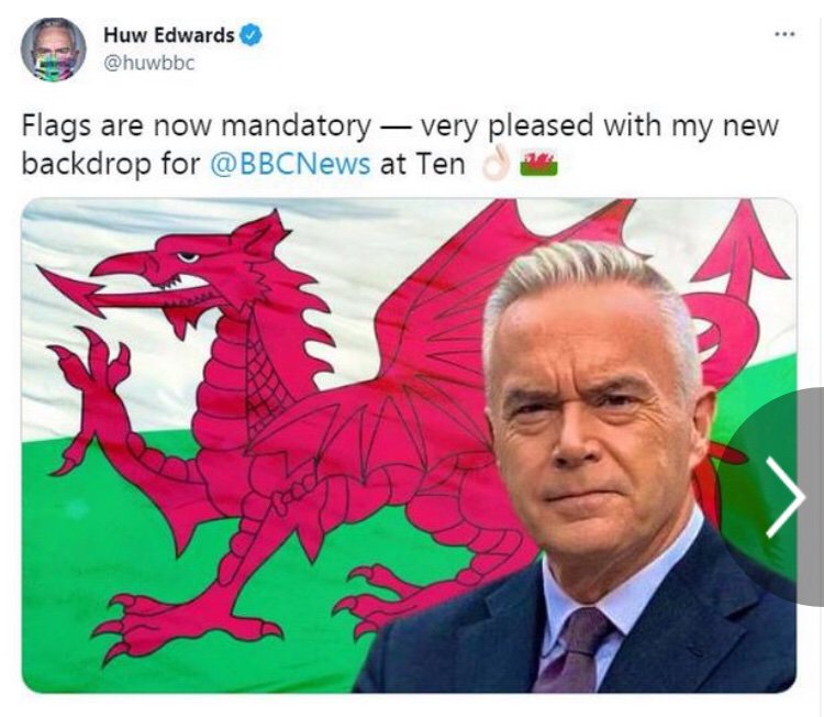 manda_m0's tweet image. BBC bosses have forcing Huw Edwards to delete this tweet of himself pictured behind a welsh flag.

You know what to do!