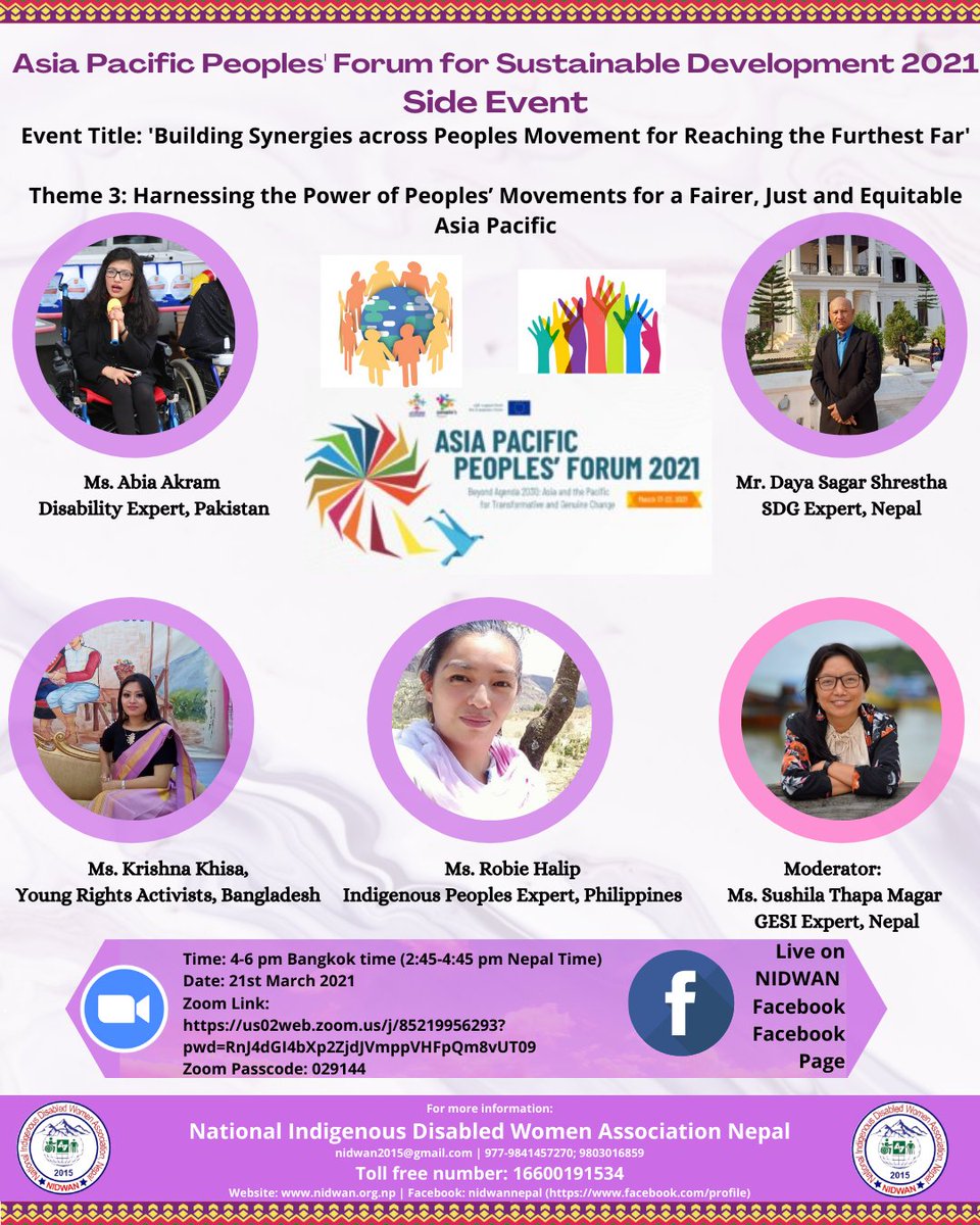 Asia Pacific Peoples' Forum for Sustainable Development for 2021, Please join us &amp; have a rich discussion on 'Building Synergies across Marginalized Peoples Movement for Reaching the Furthest Far ' on the 21st of March 2021
Zoom Link:
us02web.zoom.us/j/85219956293...
Passcode: 029144