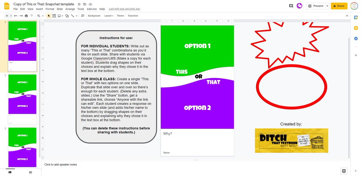 DitchThatTxtbk's tweet photo. Have students choose between two -- and make it feel like Snapchat! 📱

Use this FREE This or That Snapchat-inspired template. Ask a ? and explain in the "Why?" section.

Get it: https://t.co/SRy9InXa58

The library: https://t.co/bbLUcrUInp #ditchbook https://t.co/D4db5ApQqp