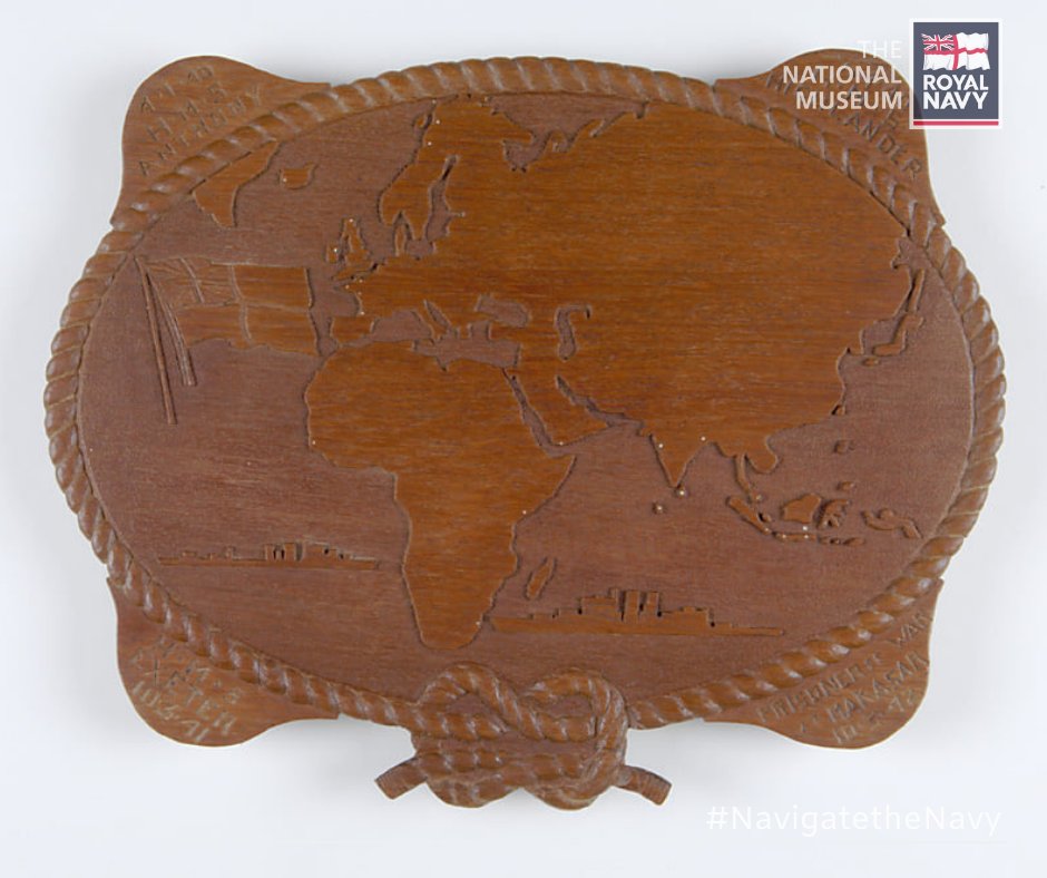 NatMuseumRN's tweet photo. A hand carved plaque of #HMSExeter's voyage until she was sunk on 01/03/1942 of Java. Created by Frank Clements with a nail during his 3.5 years as a PoW in Macassar camp. The wood is from the boards on which he slept.

#NMRN #NavigateTheNavy #BehindTheScenes https://t.co/kabTiYgIZY