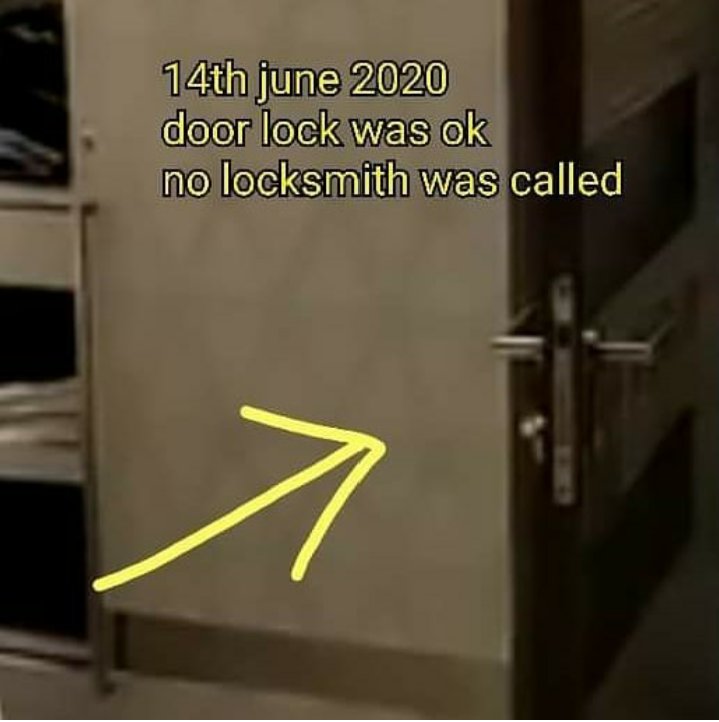 ssrstan4ever's tweet photo. Why flatmates changed statements?
-We broke door &amp; saw SSR
-We called keymaker &amp; opened door
⛔ Was intact on 14th
⛔ On 1st Aug how News channel entered crime scene?
In video its broken! @DoPTGoI @CBIHeadquarters @copsview https://t.co/QCgE6v4sEp 
Toolkit Mastermind In SSR Case