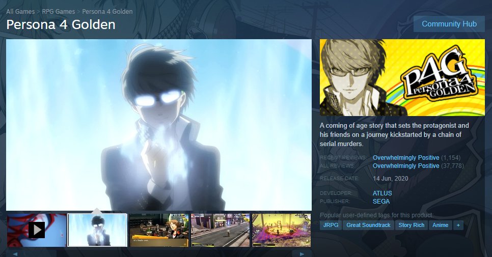 Carbonwater's tweet photo. Giving away 5 copies of Persona 4 Golden for Steam! Must be following and retweet this for a chance to enter. Winners will be drawn on April 3rd. https://t.co/peIVzx46ja