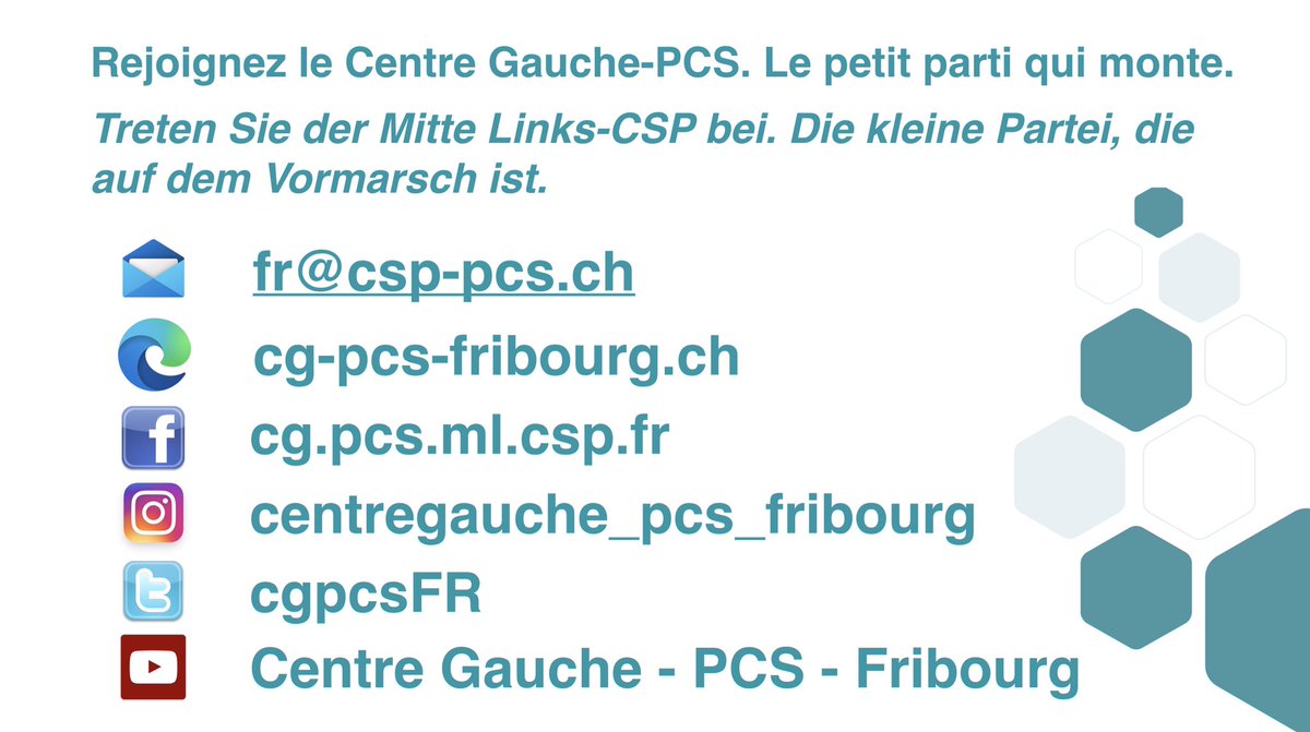 Rejoignez le Centre Gauche-PCS. Le petit parti qui monte.
Treten Sie der Mitte Links-CSP bei. Die kleine Partei, die auf dem Vormarsch ist. 
Vidéo : youtu.be/QYMApzO1JlA

#Elections2021 #GrandConseil #solidarité #Durable #Wahlen2021 #Grossrat #Nachhaltig #Solidarität