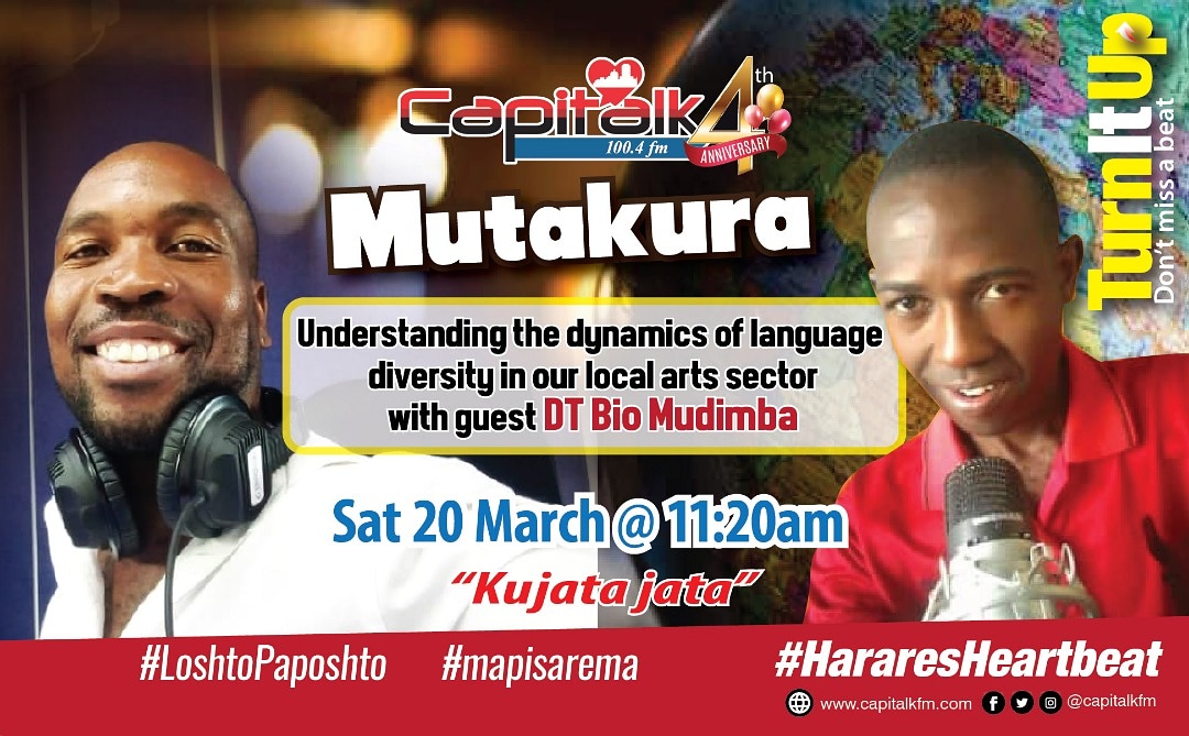 capitalkfm's tweet photo. "KUJATA JATA"
This week on #Mutakura
Loshto will be hosting
DT Bio Mudimba!
Join the conversation as they discuss 'Understanding the dynamics of Language & diversity in our local arts sector
Tune in at 11:20am
#mapisarema
#loshtopapshto #ndangariro #Mutakura #HararesHeartbeat https://t.co/CnHB9WmbME