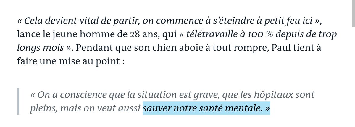 La prochaine fois que vous voudrez faire un trait d'humour sur l'exode des Parisiens à l'annonce du confinement, pensez aux étudiants isolés chez eux dans des <20m2 pour qui ce départ est un impératif de santé.

Dites-vous que ça ne les fait pas rire, eux.
(<a href="/lemondefr/">Le Monde</a> - 19/3/21)