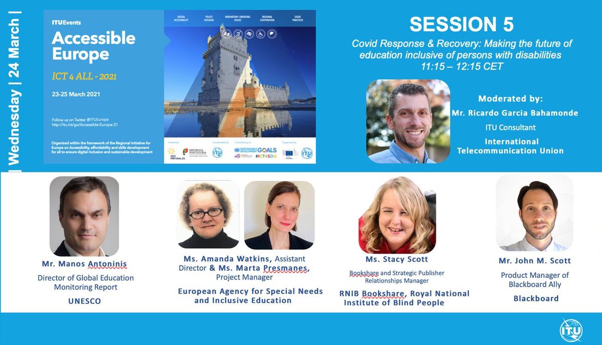 TODAY: <a href="/ITUEurope/">#ITU Office for #Europe = #Connect2030 #ICT4SDG</a> thrilled to announce the panelists in Session 5 for this year’s #AccessibleEurope 2021 to be held from 23 to 25 March 

<a href="/ManosAntoninis/">Manos Antoninis</a> @N_E_P_C @mydarnkidneys <a href="/johnscottworks/">John Scott</a> <a href="/rigarciab/">Ricardo Garcia Bahamonde</a>

JOUN => itu.int/en/ITU-D/Regio…

#digitalinclusion #PwD #accessibility