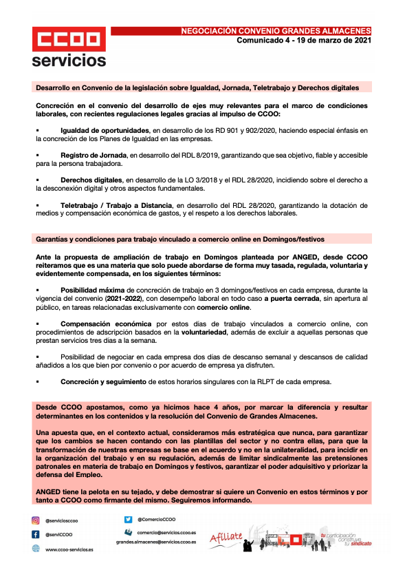 CCOOCarrefour's tweet photo. Página hacia arriba COMUNICADO 4º
 
La Mesa negociadora del Convenio de Grandes Almacenes afronta lo que pueden ser reuniones decisivas para ver las posibilidades de acuerdo en torno a un convenio “de transición y para la transición”. https://t.co/XFuRofwJos