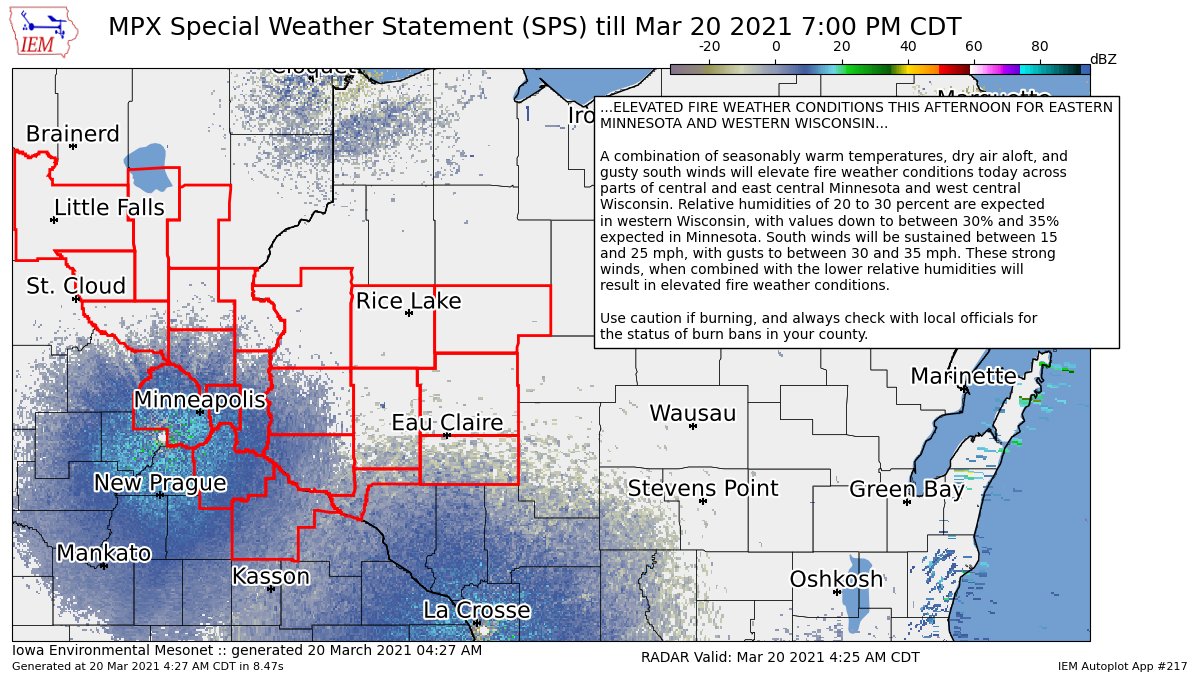 ELEVATED FIRE WEATHER CONDITIONS THIS AFTERNOON FOR EASTERN MINNESOTA AND WESTERN WISCONSIN for Anoka, Benton, Chisago, Dakota, Goodhue, Hennepin, Isanti, Kanabec, Mille Lacs, Morrison, Ramsey, Sherburne, Washington [MN] and Barron, ... till 7:00 PM CDT https://t.co/Uy1lFgGivw https://t.co/nFK34ibIy7