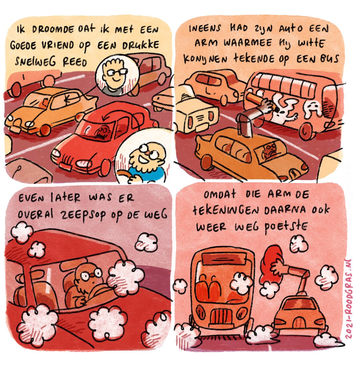 roodgras's tweet photo. Ik wil ook een arm op mijn auto om te tekenen op andere auto's op de snelweg. (De kenner herkent natuurlijk @illumatie trouwens - volg dat konijn!)
#droomstrips #ikdroomdedat #bunbun #saturdaycomic #roodgras https://t.co/sCmwCHzden