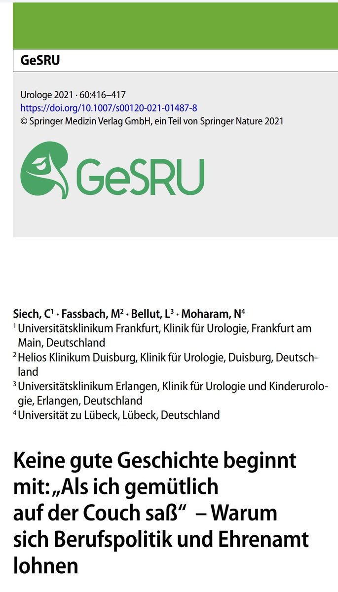 Warum lohnen sich ehrenamtliches und berufspolitisches Engagement?
In der März Ausgabe des #Urologen sprechen <a href="/MiraFass/">Mira Faßbach</a> <a href="/bellut_l/">LBellut</a>
<a href="/nmoharam_/">Nadim Moharam</a> und <a href="/carosiech/">Carolin Siech</a> über ihre #Motivation. Interesse geweckt?
#SaveTheDate: Nächstes Aktiventreffen <a href="/GeSRU_de/">GeSRU</a> am 10.04.2021 #aktivwerden
