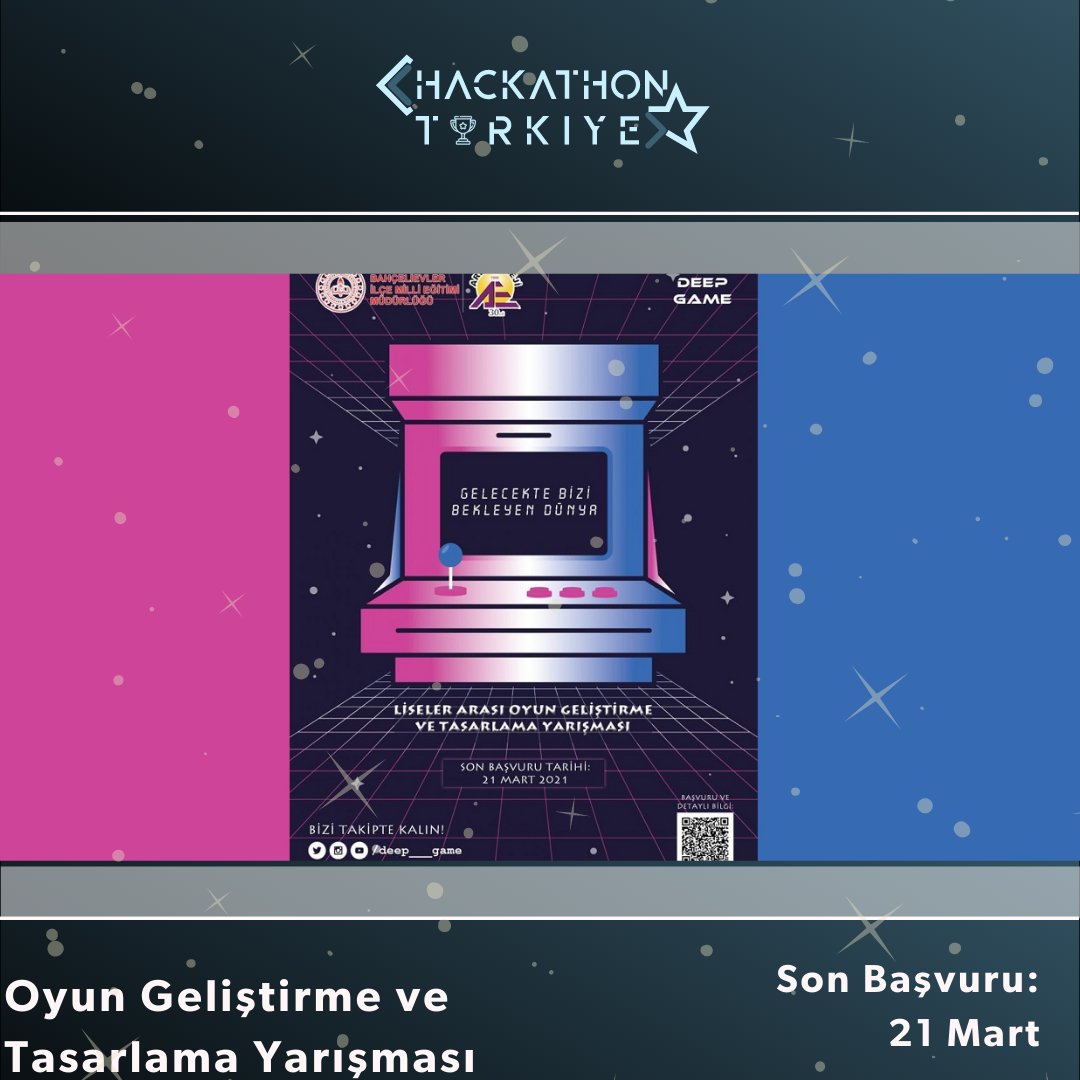 turkeyhackathon's tweet image. Oyun Geliştirme ve Tasarlama Yarışması

🔜 Son Başvuru Tarihi: 21 Mart 

Tüketen Değil, Üreten Nesiller!

 &quot;Gelecekte Bizi Bekleyen Dünya&quot; temasına uygun dijital oyunlar üretmek hedeflenmiştir.

Başvuru bit.ly/3vHZISE

#hackathons #oyun #deepgame #arelkoleji #coding