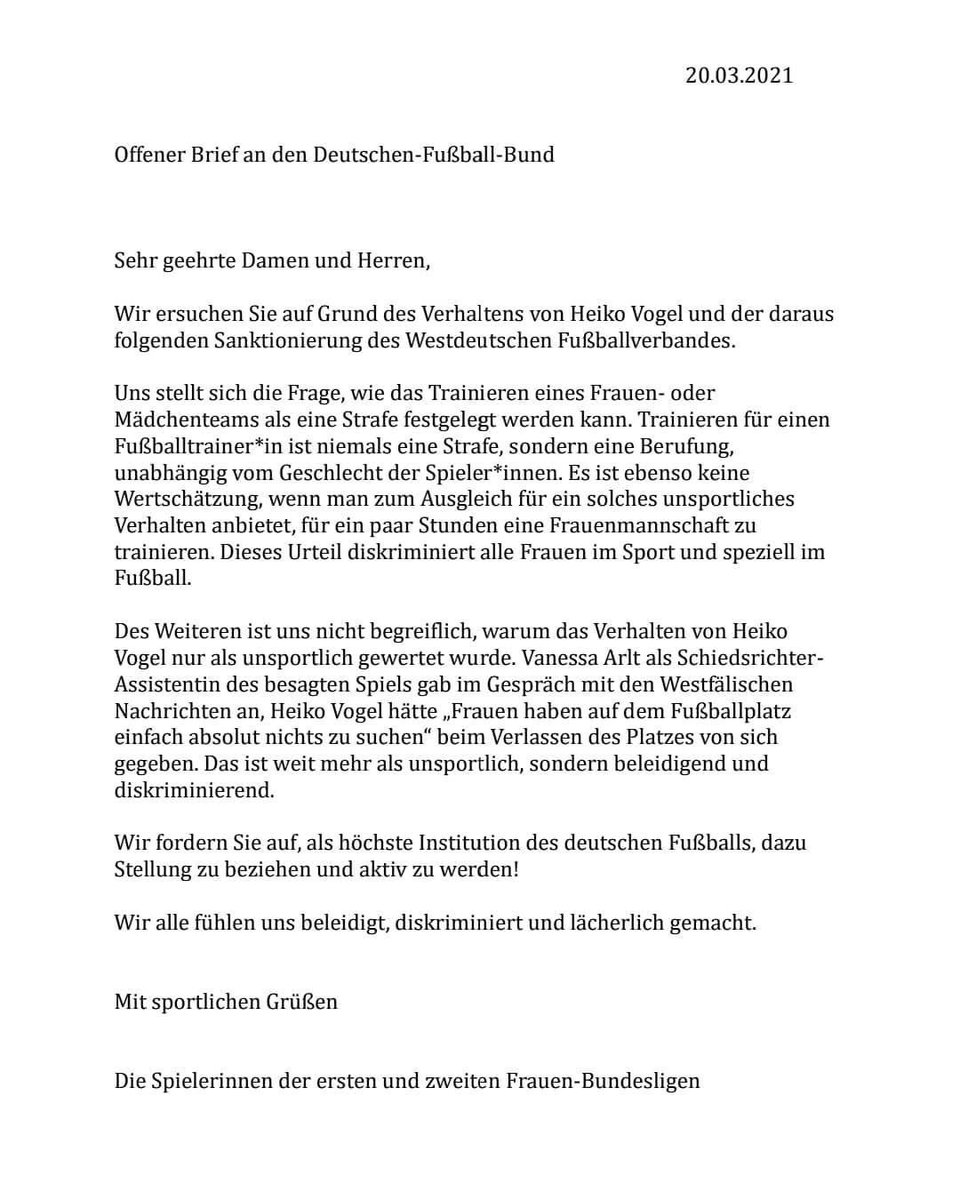 Jasmina Schweimler On Twitter The Players From The First And Second Women S Division Sent An Open Letter To Dfb Regarding The Behavior And Punishment Of Heiko Vogel We All Feel Offended