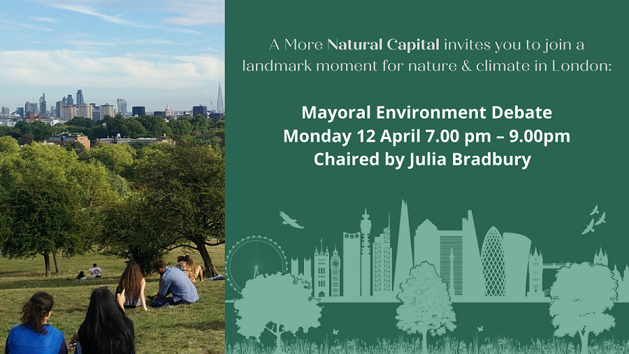 AMoreNaturalCap's tweet photo. On 12 April, we're challenging candidates for #MayorofLondon to make a step change to reduce water, noise and light pollution. Join us on 12 April for the Mayoral Environment Debate. Register here https://t.co/2mAT1XHkkd #AMoreNaturalCapital https://t.co/MKyGiC2NAk