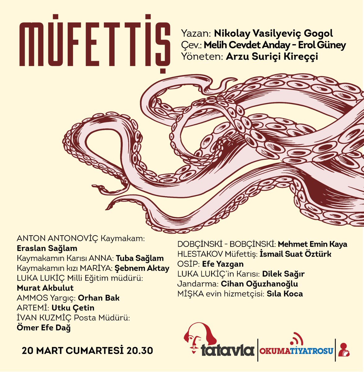 Tatavla Tiyatro (@tiyatrotatavla) on Twitter photo Tatavla Sahnenin Yeni Dijital Oyun Okuması:
Müfettiş
20.03.2021 Cumartesi 20:30
Not:Oyunumuz ücretsizdir.Katılmak için tiyatrotatavla@gmail.com adresine isim,soyisiminiz olduğu bir mail atmanız ve mail konu başlığına ‘Müfettiş ’ yazmamız yeterlidir. Tatavla Sahnenin Yeni Dijital Oyun Okuması:
Müfettiş
20.03.2021 Cumartesi 20:30
Not:Oyunumuz ücretsizdir.Katılmak için tiyatrotatavla@gmail.com adresine isim,soyisiminiz olduğu bir mail atmanız ve mail konu başlığına ‘Müfettiş ’ yazmamız yeterlidir.