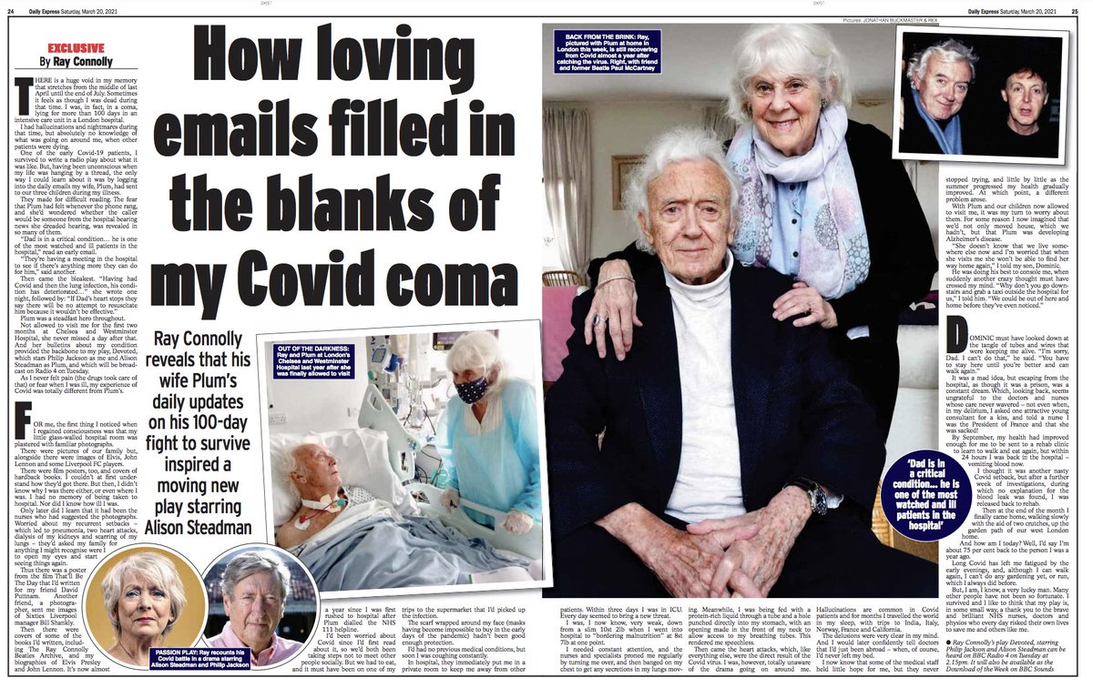 Huge thanks to @rayconnolly for writing so movingly for #Express today on his miracle Covid survival. Ray's @BBCRadio4 play, Devoted, based on wife Plum's emails to their family when he was in a 100-day Covid-coma, airs Tues & stars Alison Steadman and Philip Jackson #buyapaper