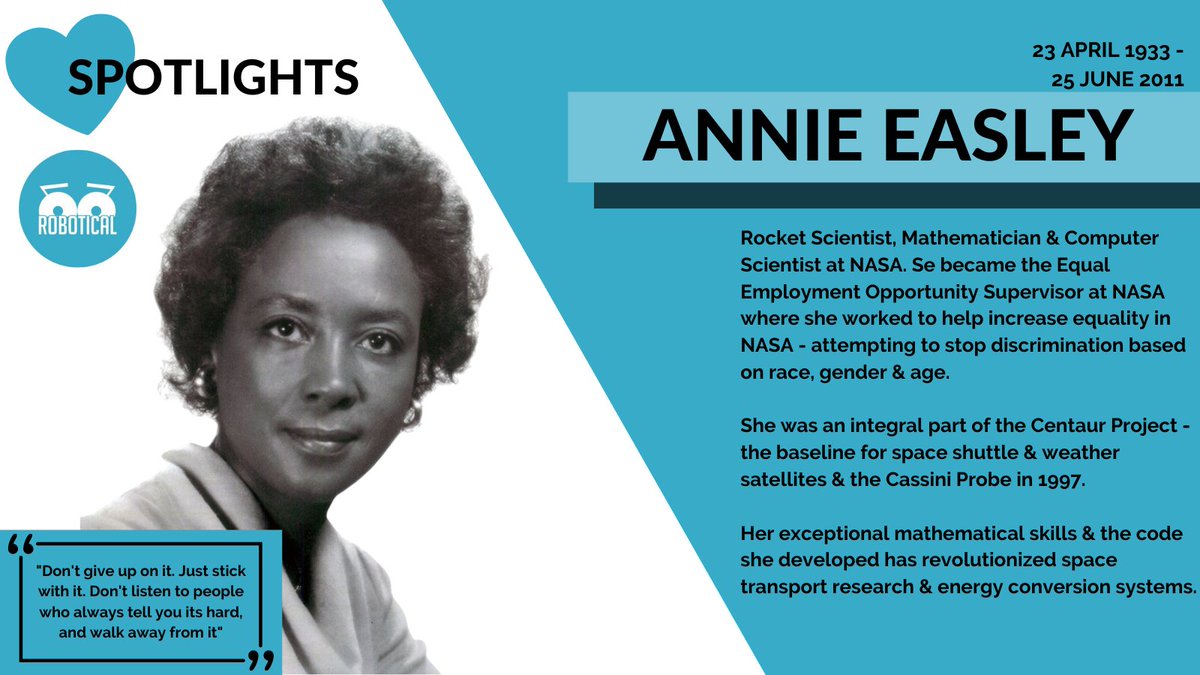 RoboticalLtd's tweet photo. For the next post in our ongoing #SpotlightSeries , where we celebrate people in STEM, we have the extraordinary Annie Easley! Read about her pioneering work at @NASA 👩‍💻🌌
Who are your #STEM inspirations? 
#GirlsWhoCode #WomenInSTEM #BAMEstem #BlackExcellence https://t.co/NECJbEkzM1