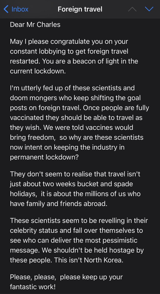 Well, thankyou for this latest email from a follower. I think it pretty well sums it up. 15 million people will have been jabbed twice by mid-May. Many will want to see close and ill relatives who are overseas again. <a href="/ThePCAgency/">The PC Agency</a>