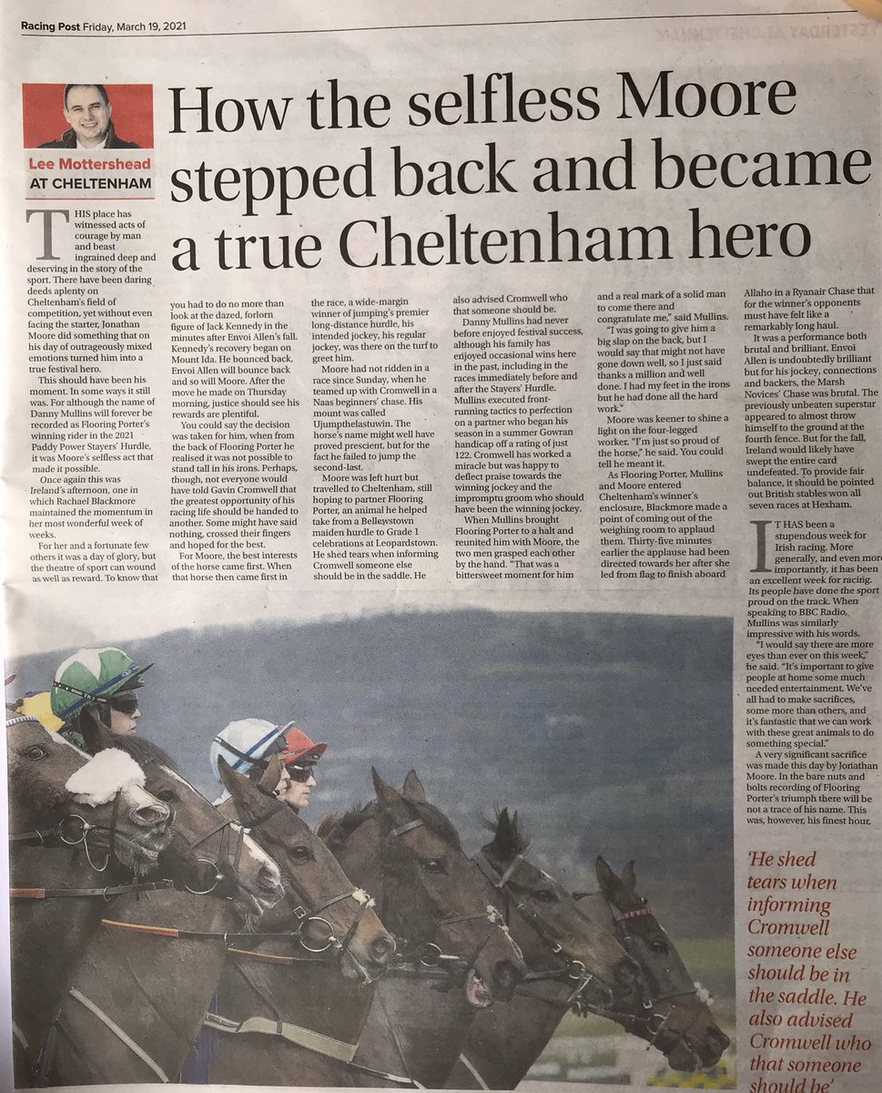 Nice acknowledgment of <a href="/johnnymoore111/">Jonathan Moore</a> in yesterday’s Racing Post. A tough week no doubt, but enhanced his reputation greatly.